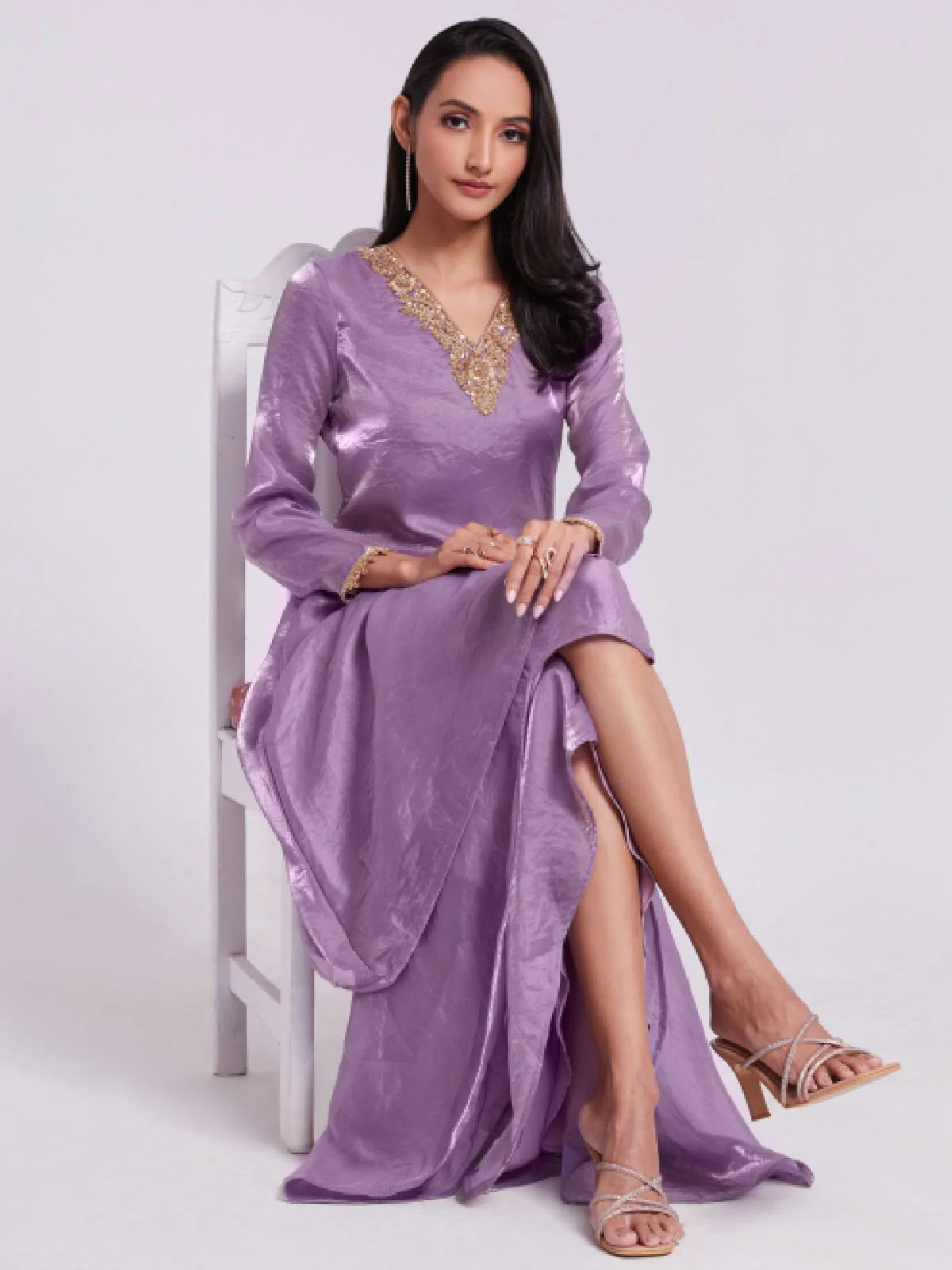 Odette Purple Organza Embroidered Stitched Kurta Set For Women - Image 2