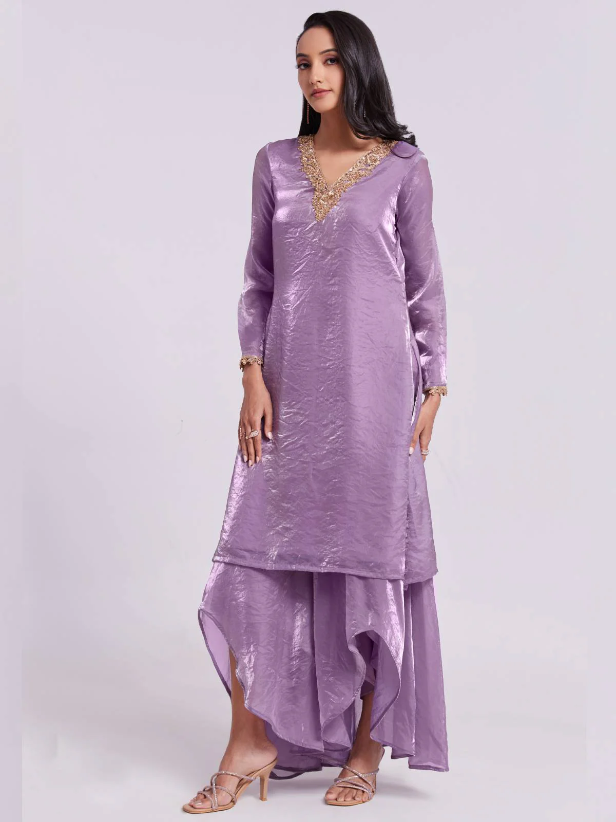 Odette Purple Organza Embroidered Stitched Kurta Set For Women - Image 3