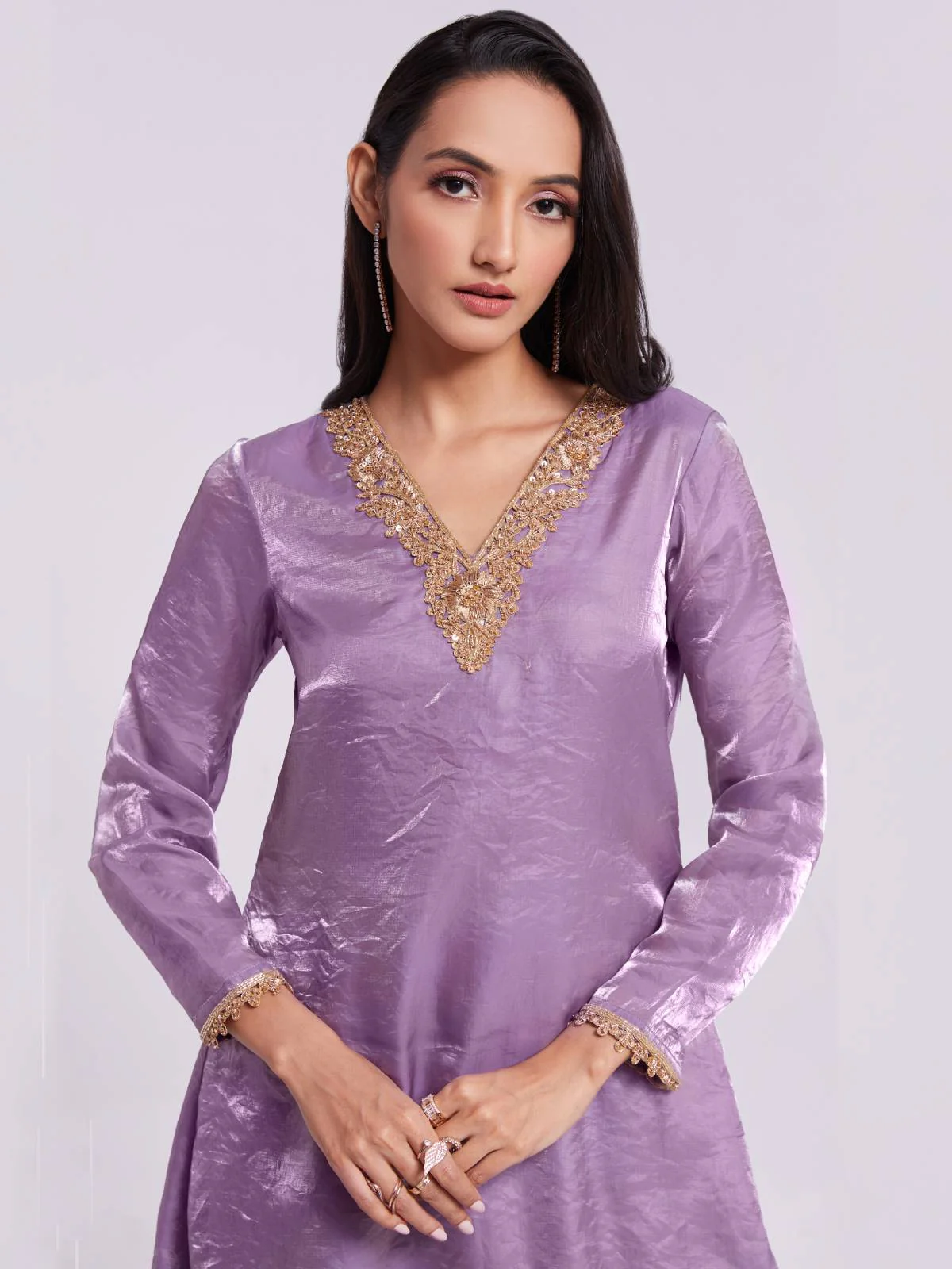 Odette Purple Organza Embroidered Stitched Kurta Set For Women - Image 5