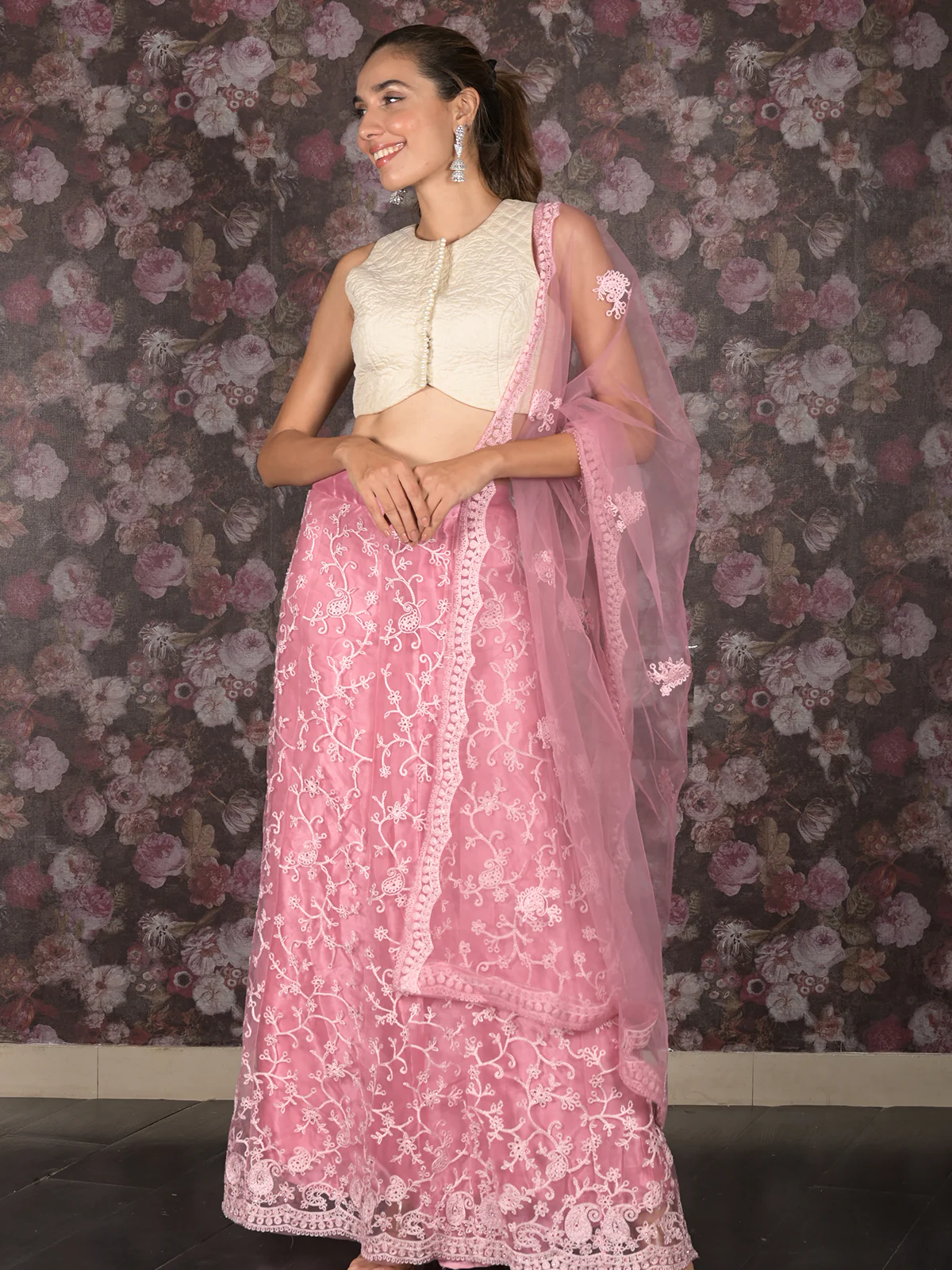 Odette Lilac Semi Stitched Embroidered Net Lehenga with Unstitched Blouse And Dupatta For Women - Image 2