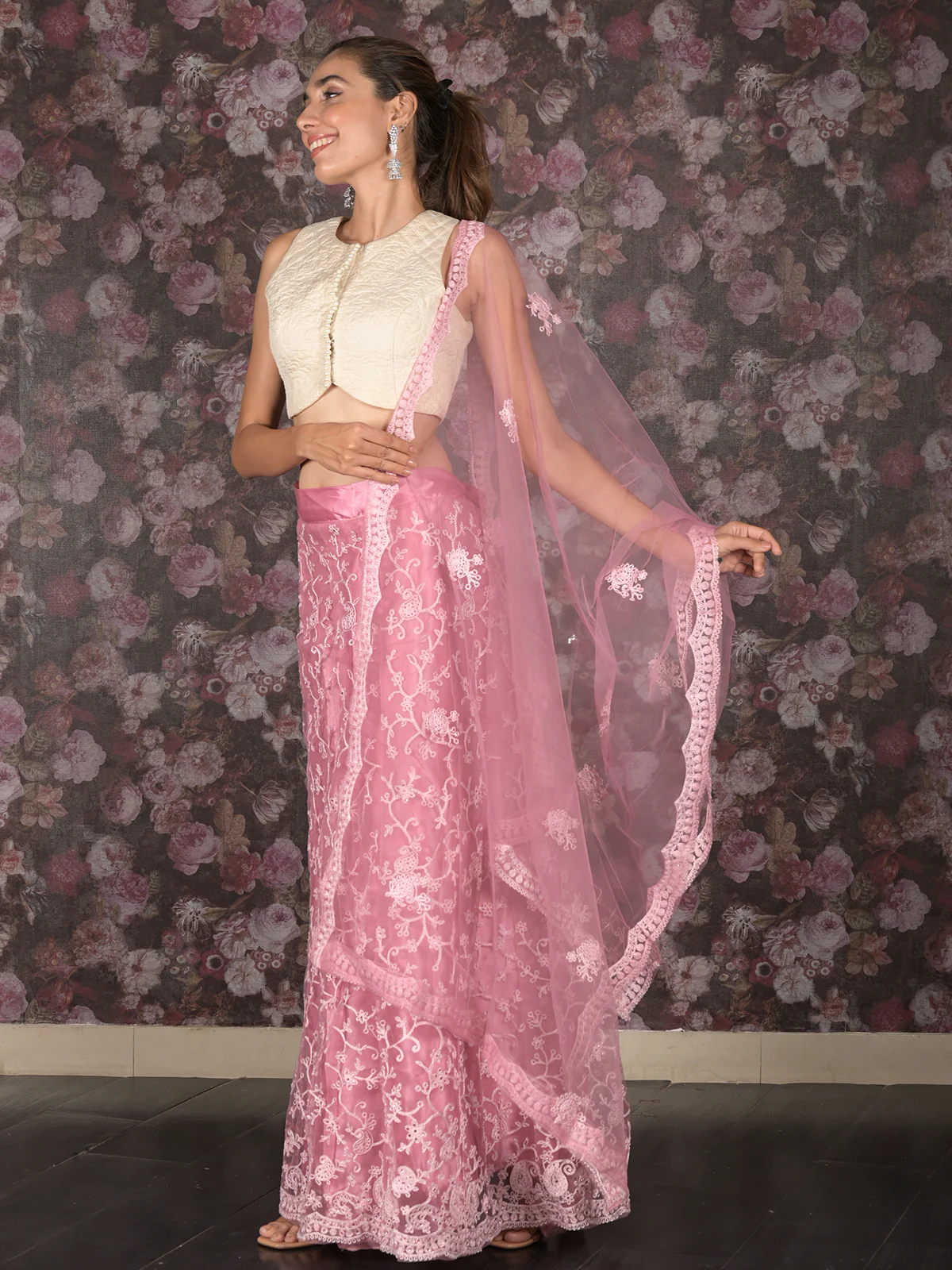 Odette Lilac Semi Stitched Embroidered Net Lehenga with Unstitched Blouse And Dupatta For Women - Image 3