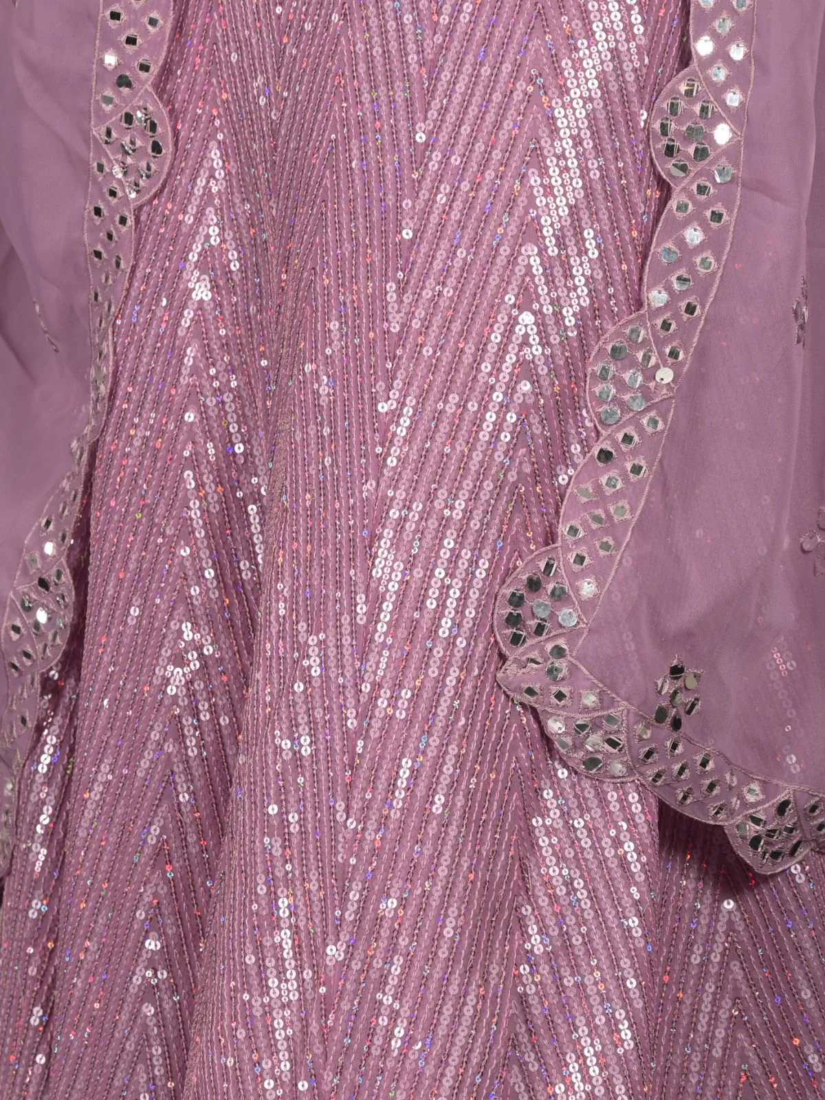Odette Lilac Sequins and Faux Mirror Embroidered Semi-Stitched Georgette Lehenga with Unstitched Blouse for Women - Image 5
