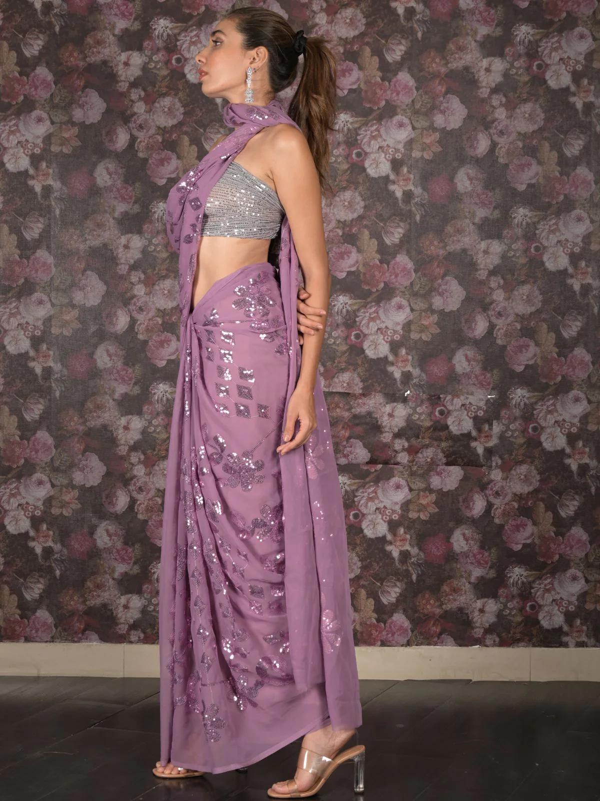 Odette Lilac Sequins Embroidered Georgette Saree for Women - Image 2