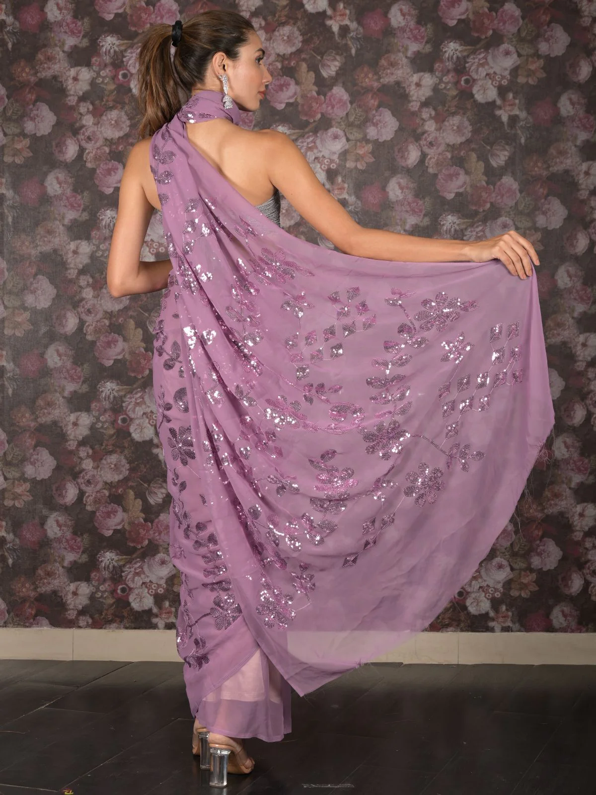 Odette Lilac Sequins Embroidered Georgette Saree for Women - Image 4