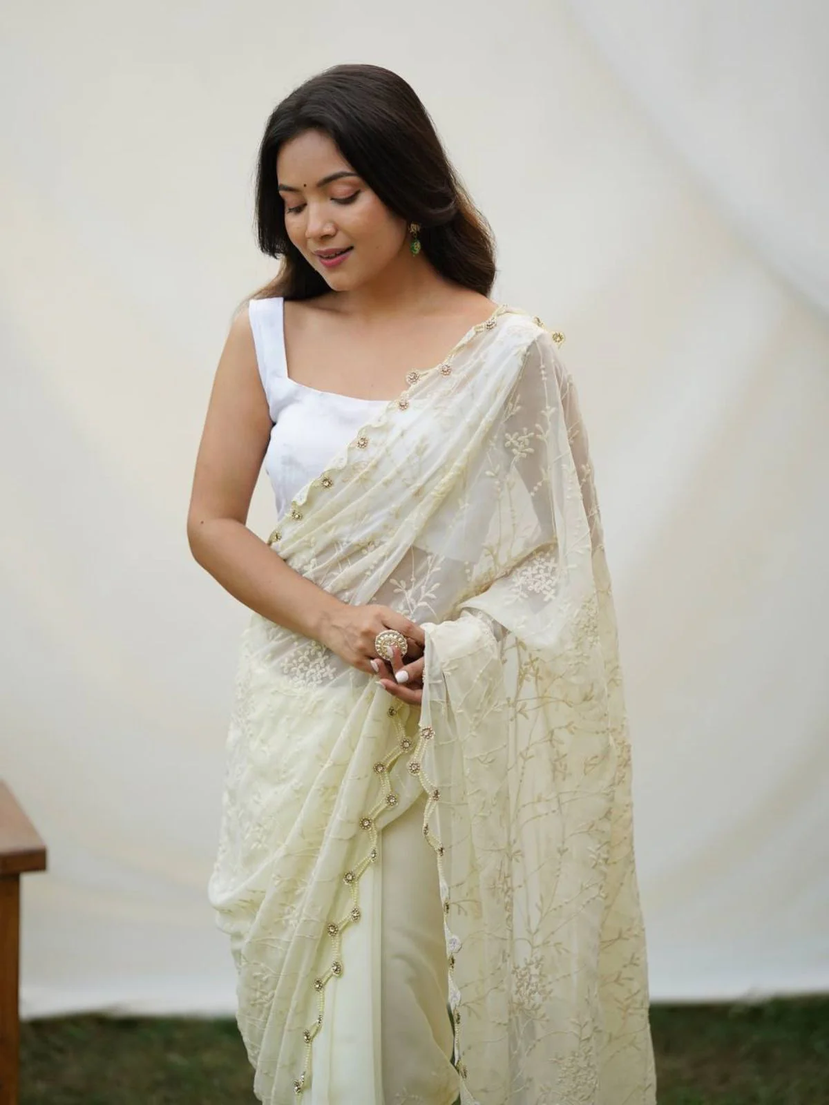 Odette Lime Georgette Embroidered Saree With Unstitched Blouse For Women - Image 3