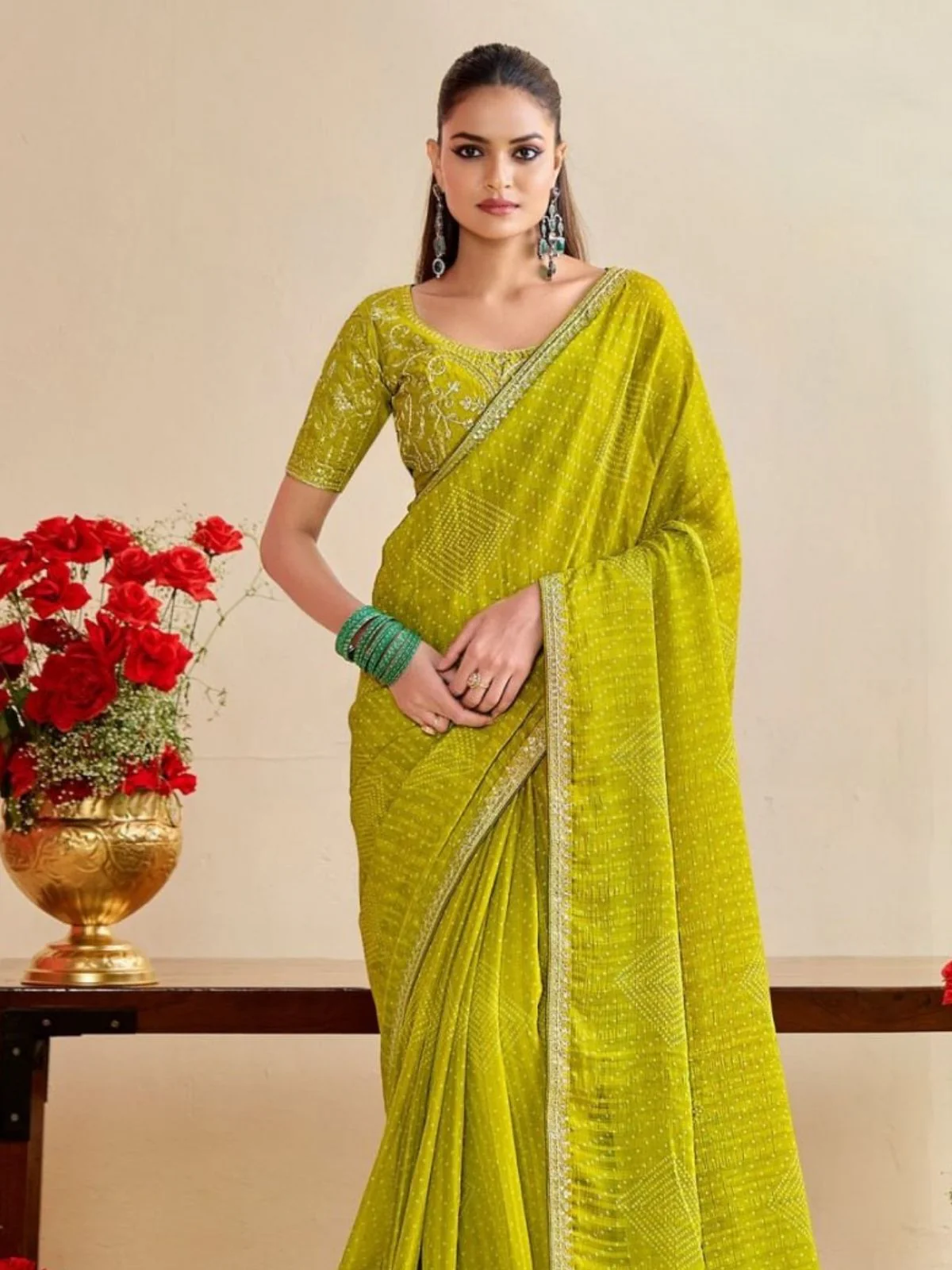 Odette Lime Green Chiffon Embellished Saree For Women - Image 2