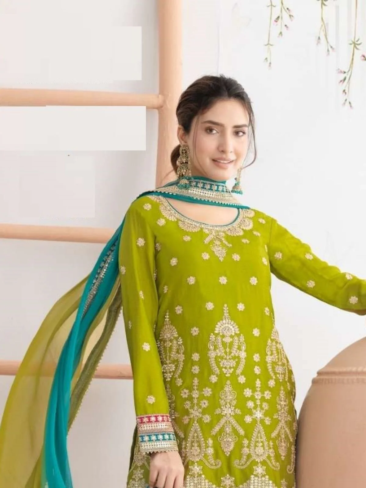 Odette Lime Green Chinon Embellished Semi Stitched Kurta Set For Women - Image 2