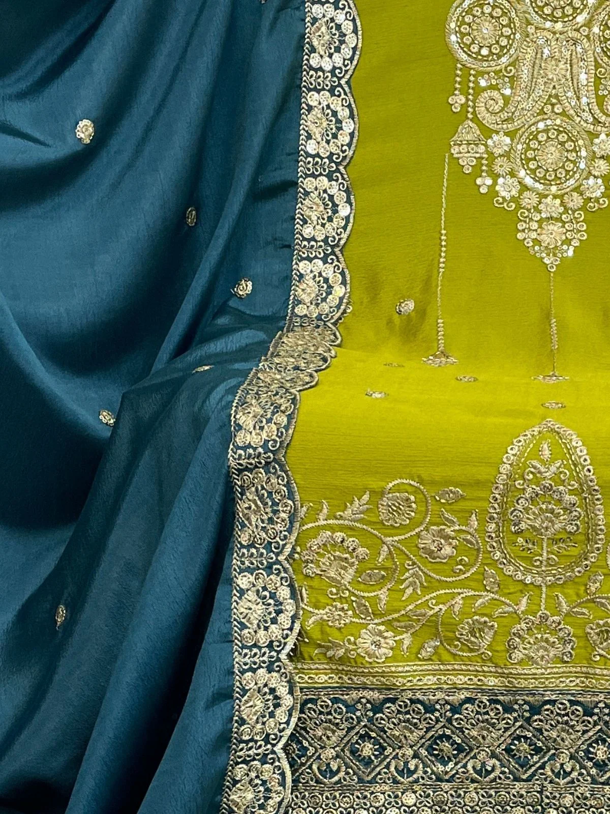 Odette Lime Green Chinon Embroidered Semi-Stitched Kurta Set For Women - Image 3