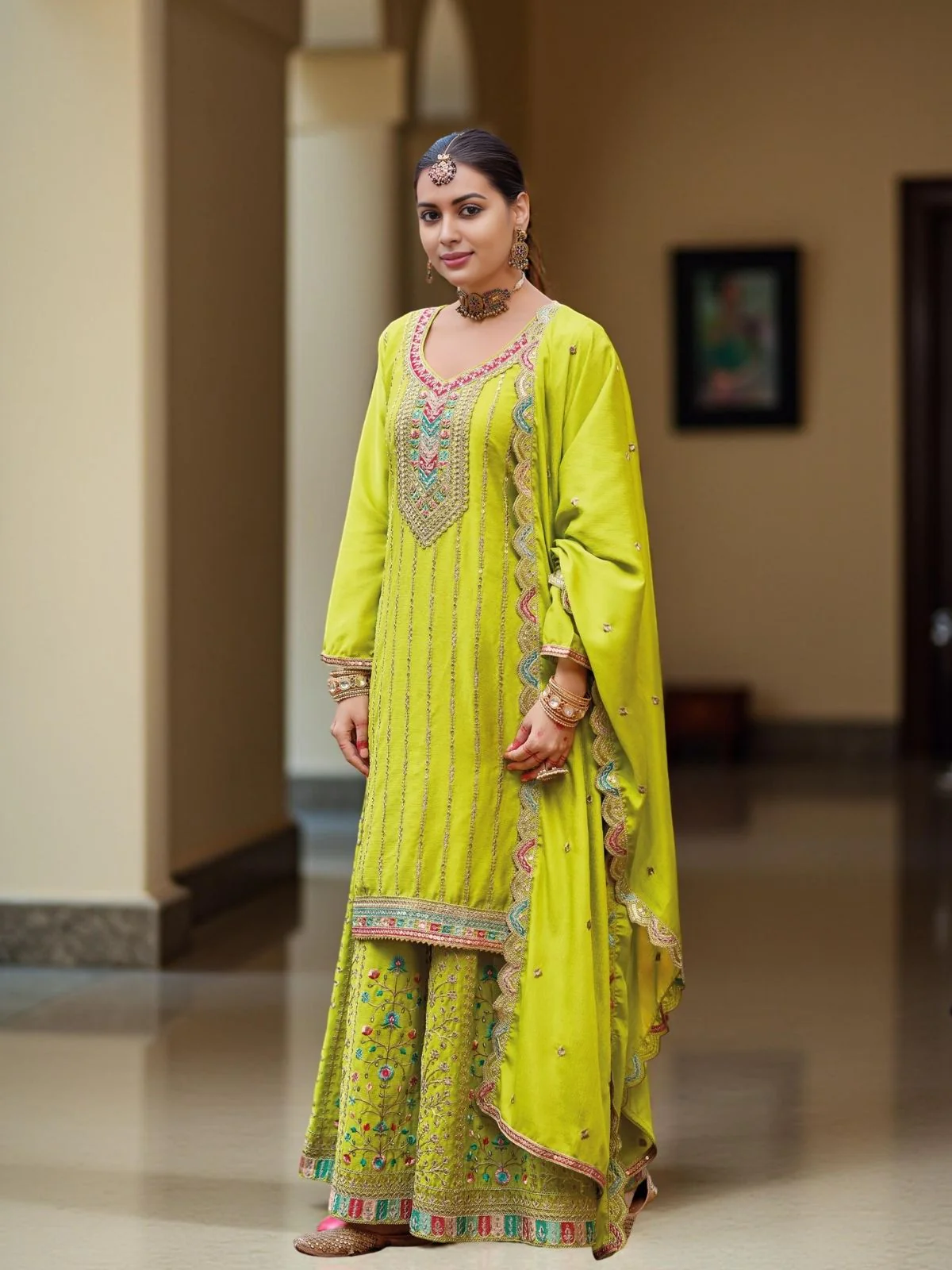 Odette Lime Green Chinon Embroidered Stitched Kurta Set For Women - Image 2