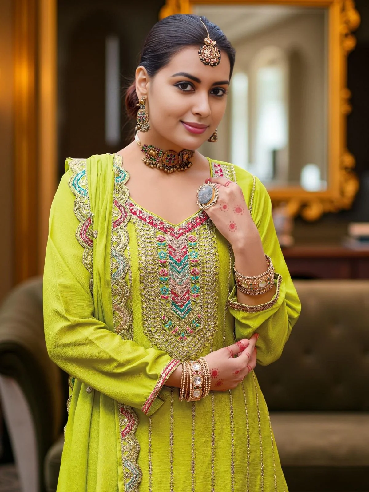 Odette Lime Green Chinon Embroidered Stitched Kurta Set For Women - Image 3
