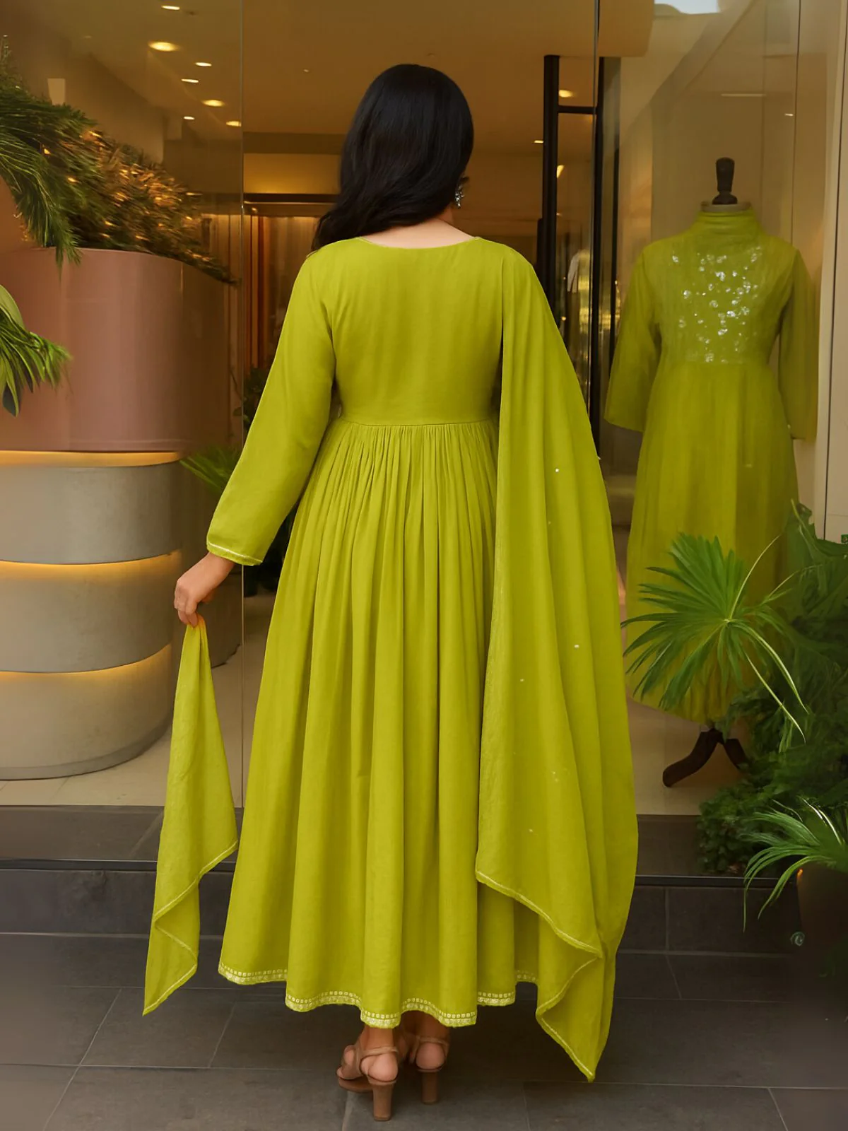 Odette Lime Green Cotton Blend Embroidered Kurta Set For Women - Image 4