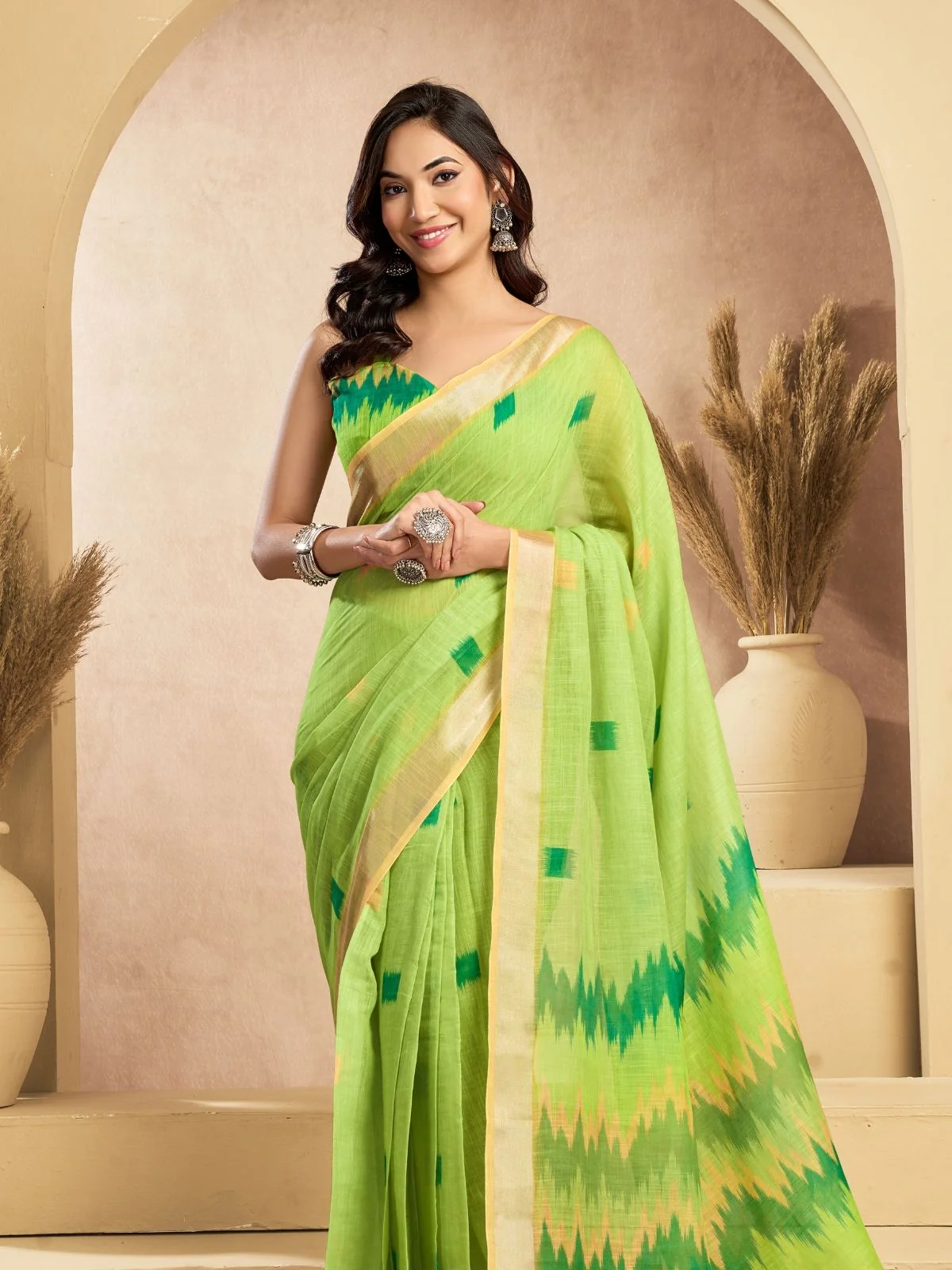 Odette Lime Green Cotton Linen Solid Saree For Women - Image 5