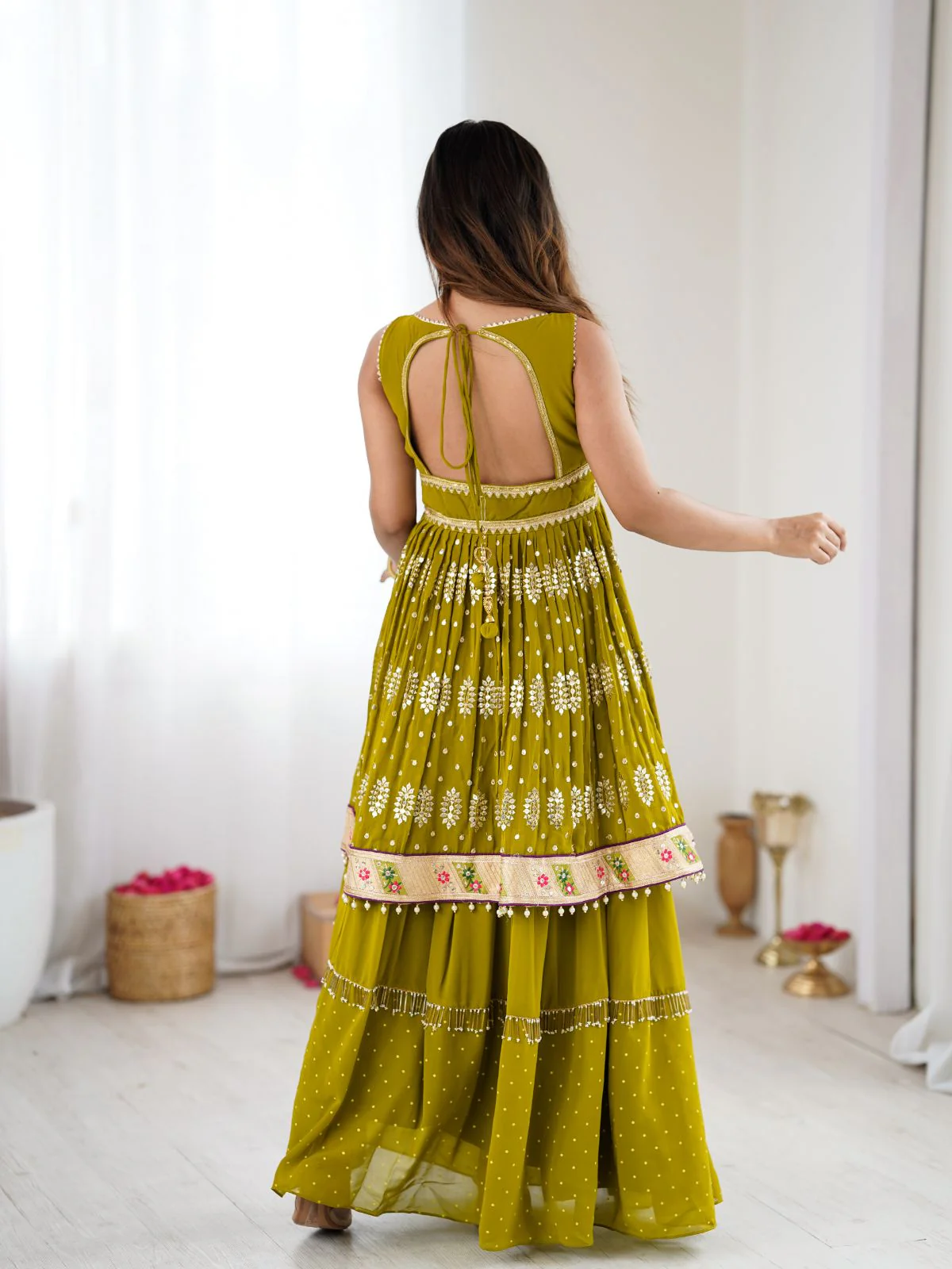 Odette Lime Green Georgette Embroidered Kurta Set For Women - Image 3