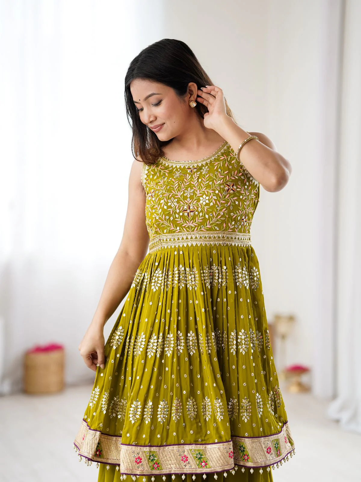 Odette Lime Green Georgette Embroidered Kurta Set For Women - Image 5