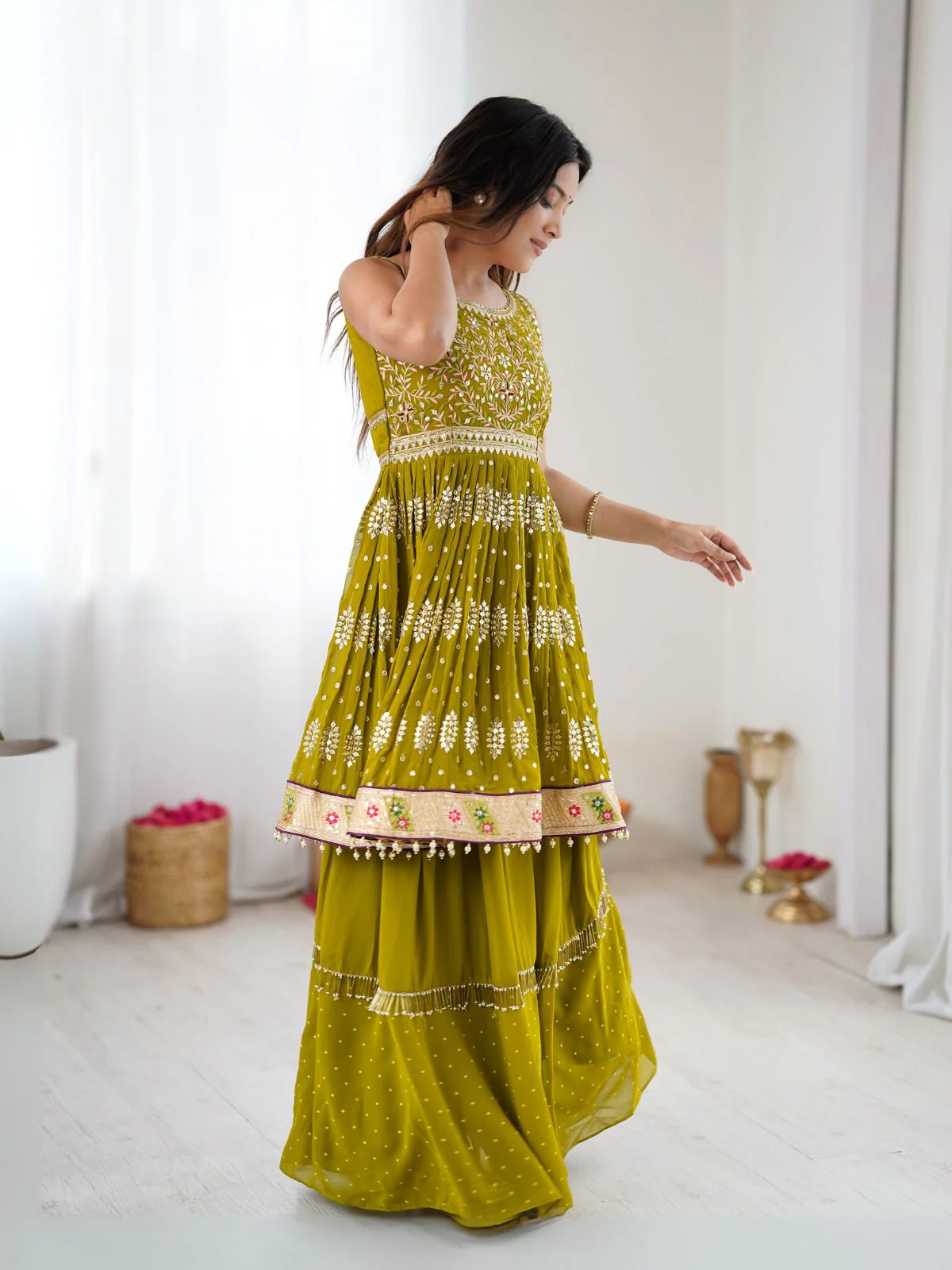 Odette Lime Green Georgette Embroidered Kurta Set For Women - Image 6