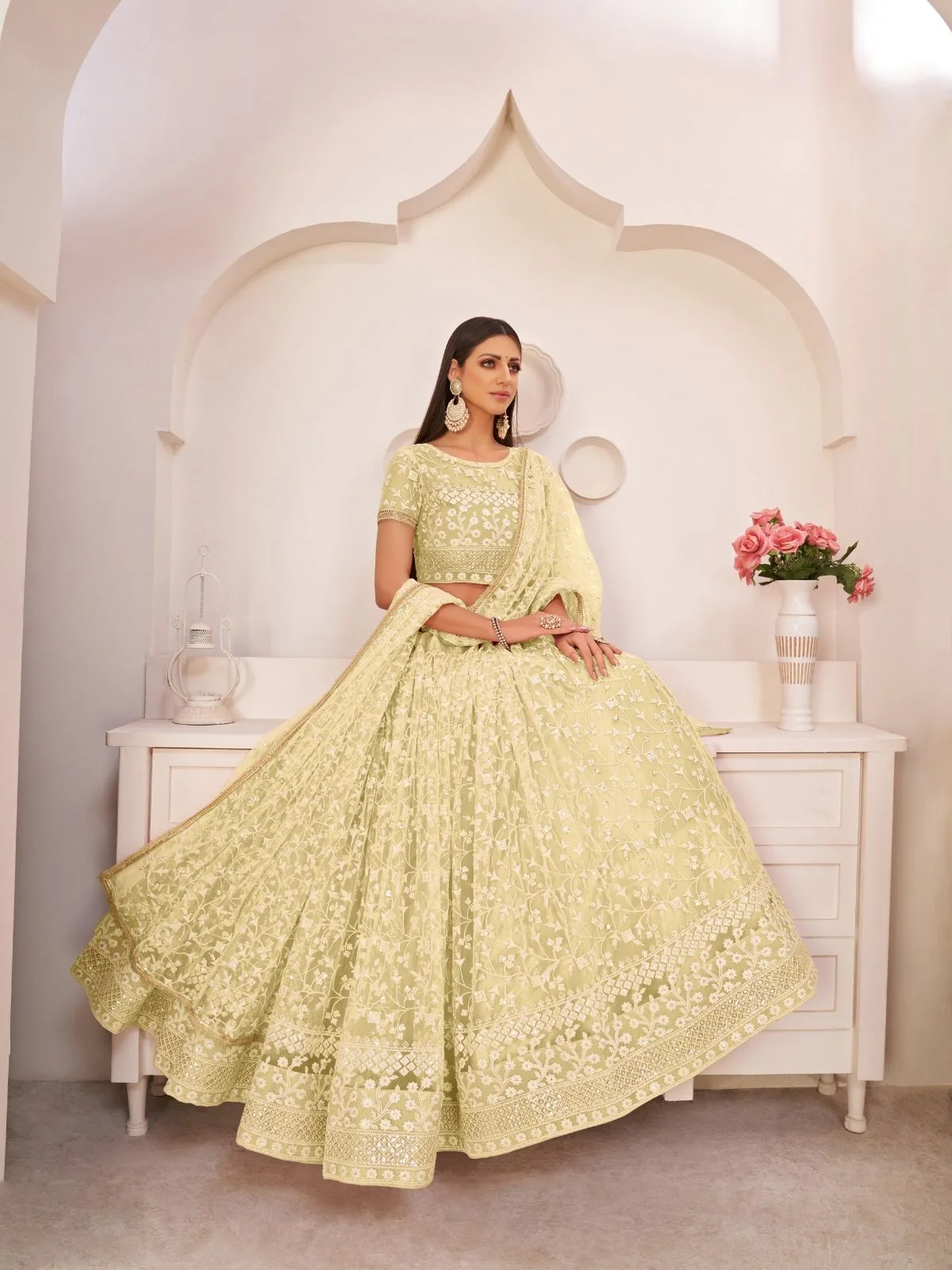 Odette Lime Green Net Embroidered Semi Stitched Lehenga For Women - Image 2