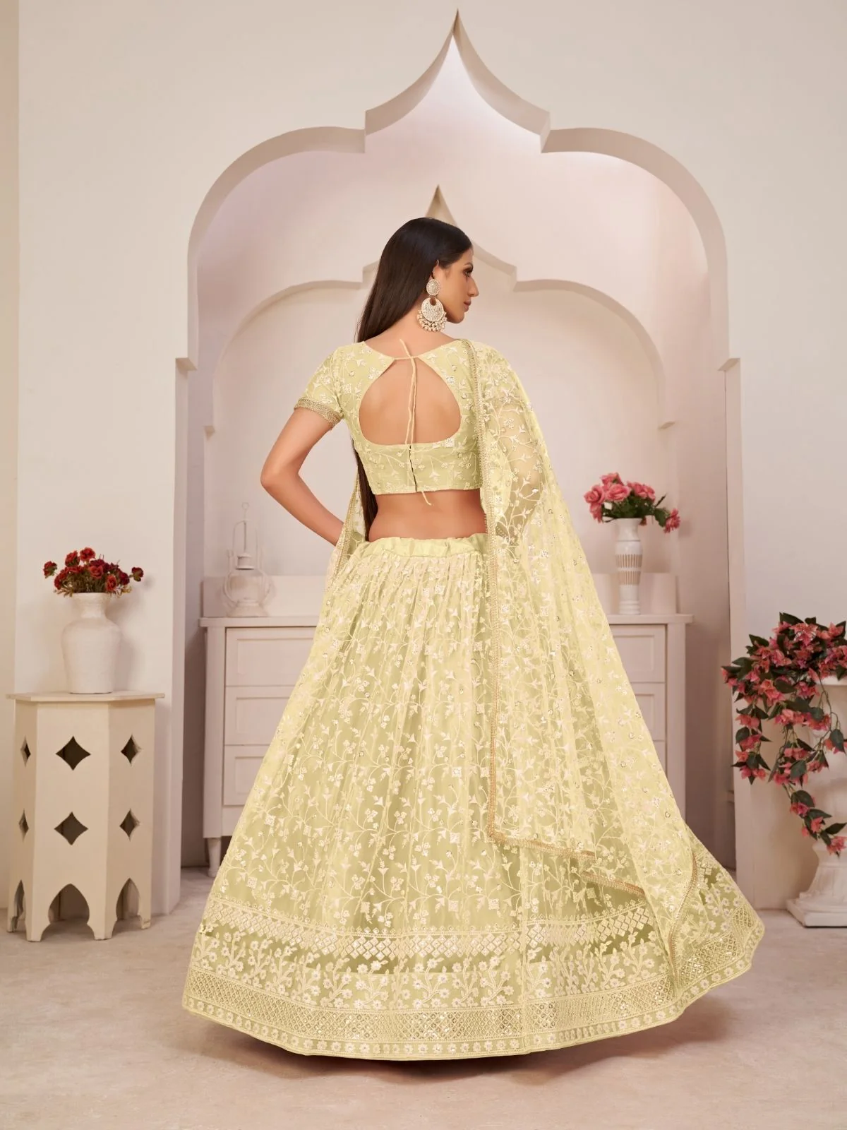 Odette Lime Green Net Embroidered Semi Stitched Lehenga For Women - Image 3