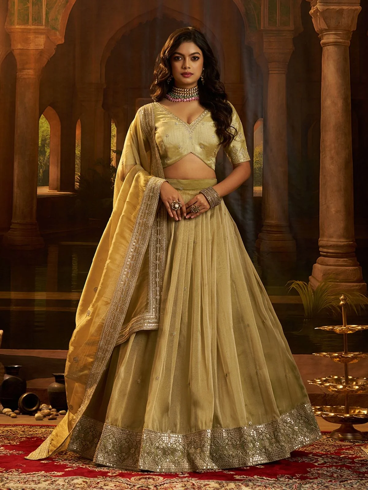 Odette Lime Green Organza Embroidered Lehenga For Women