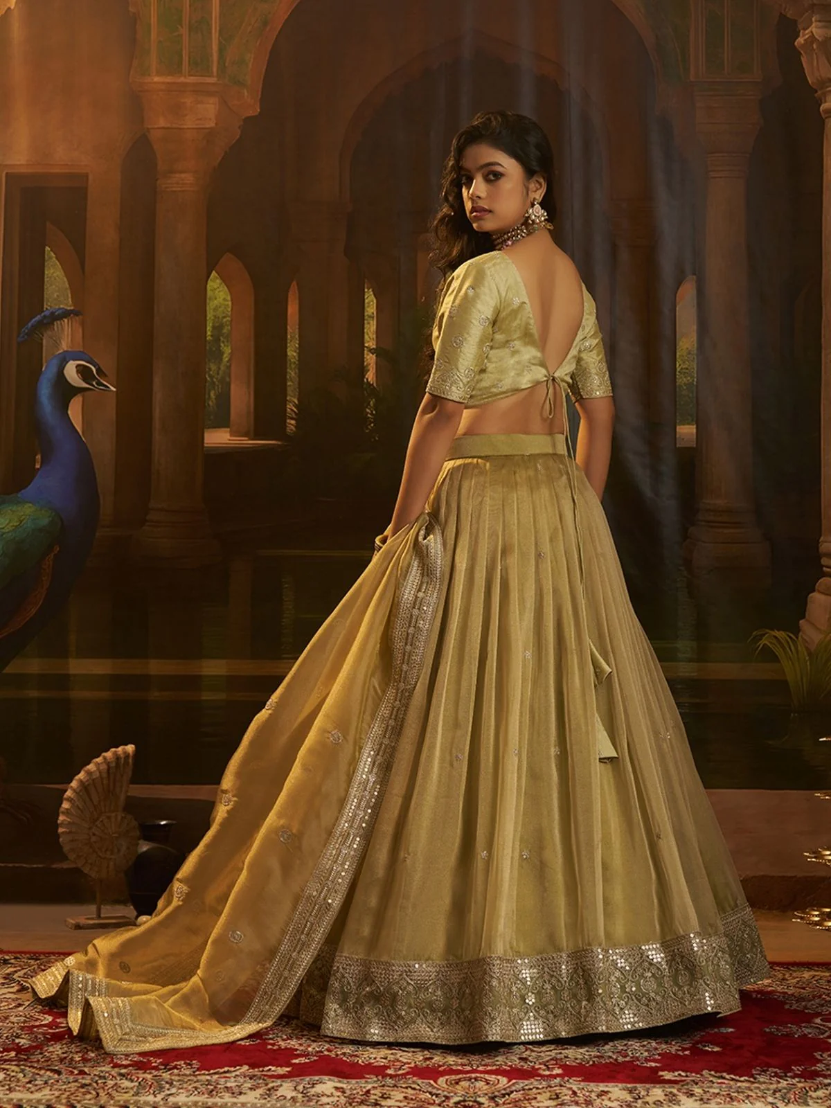 Odette Lime Green Organza Embroidered Lehenga For Women - Image 3