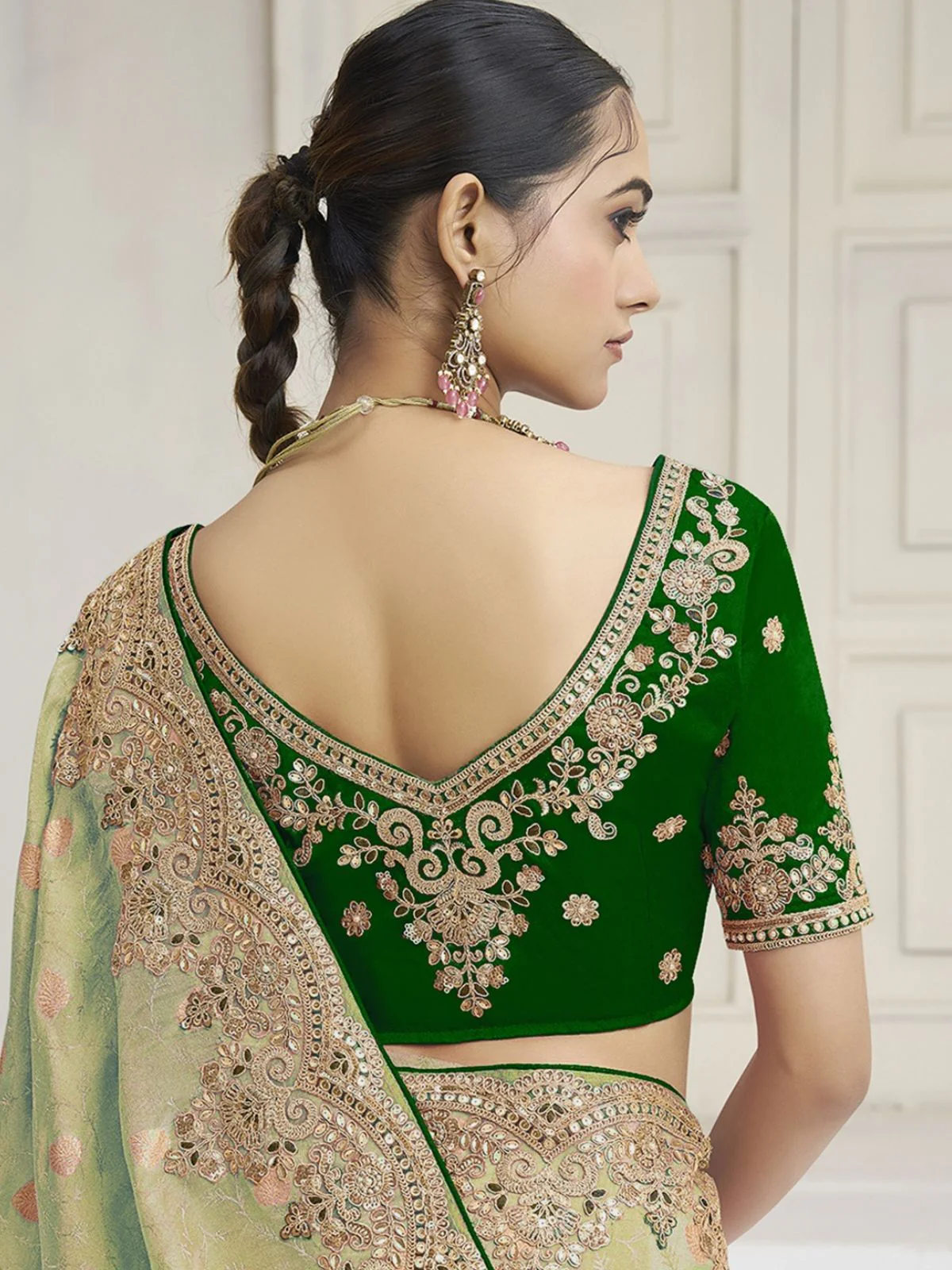 Odette Lime Green Silk Blend Embroidered Saree For Women - Image 3