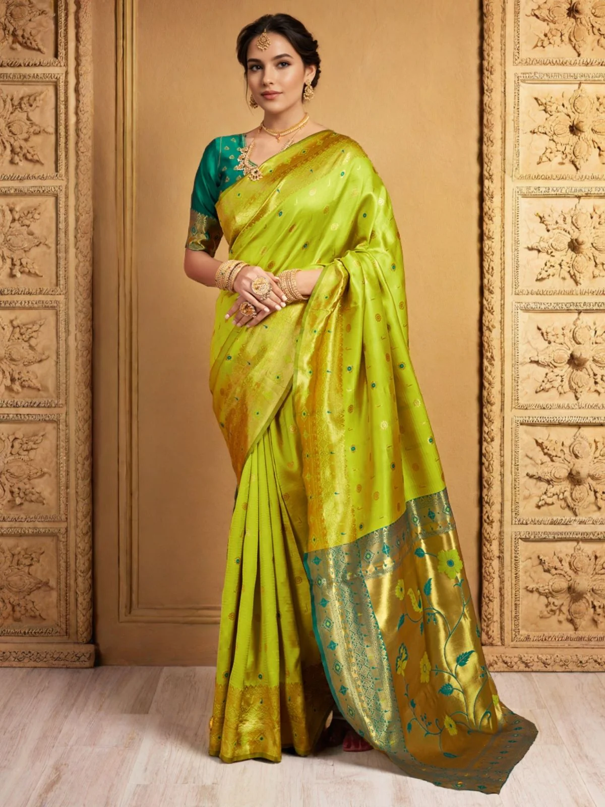 Odette Lime Green Silk Blend Woven Pithani Saree For Women
