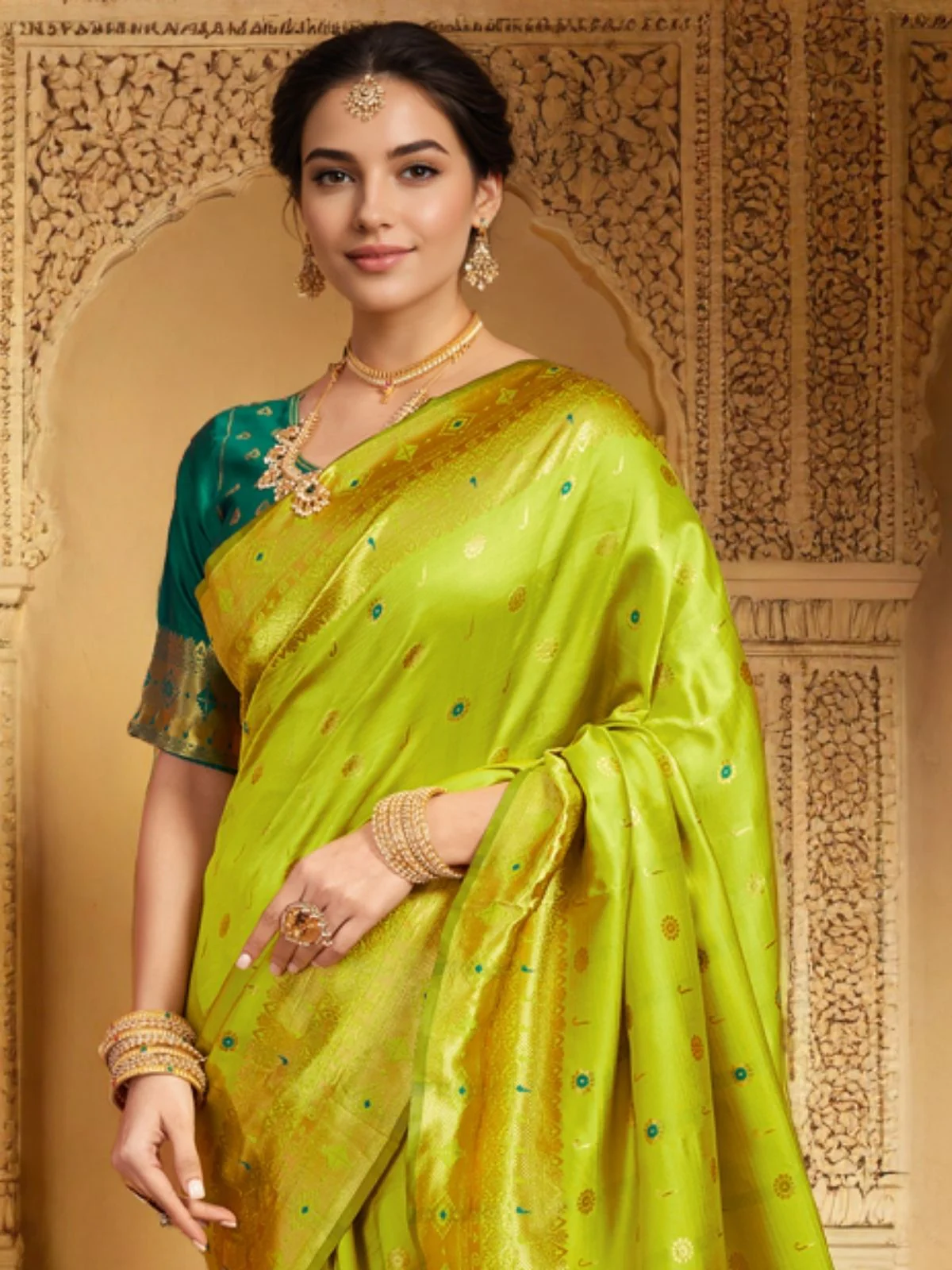 Odette Lime Green Silk Blend Woven Pithani Saree For Women - Image 3