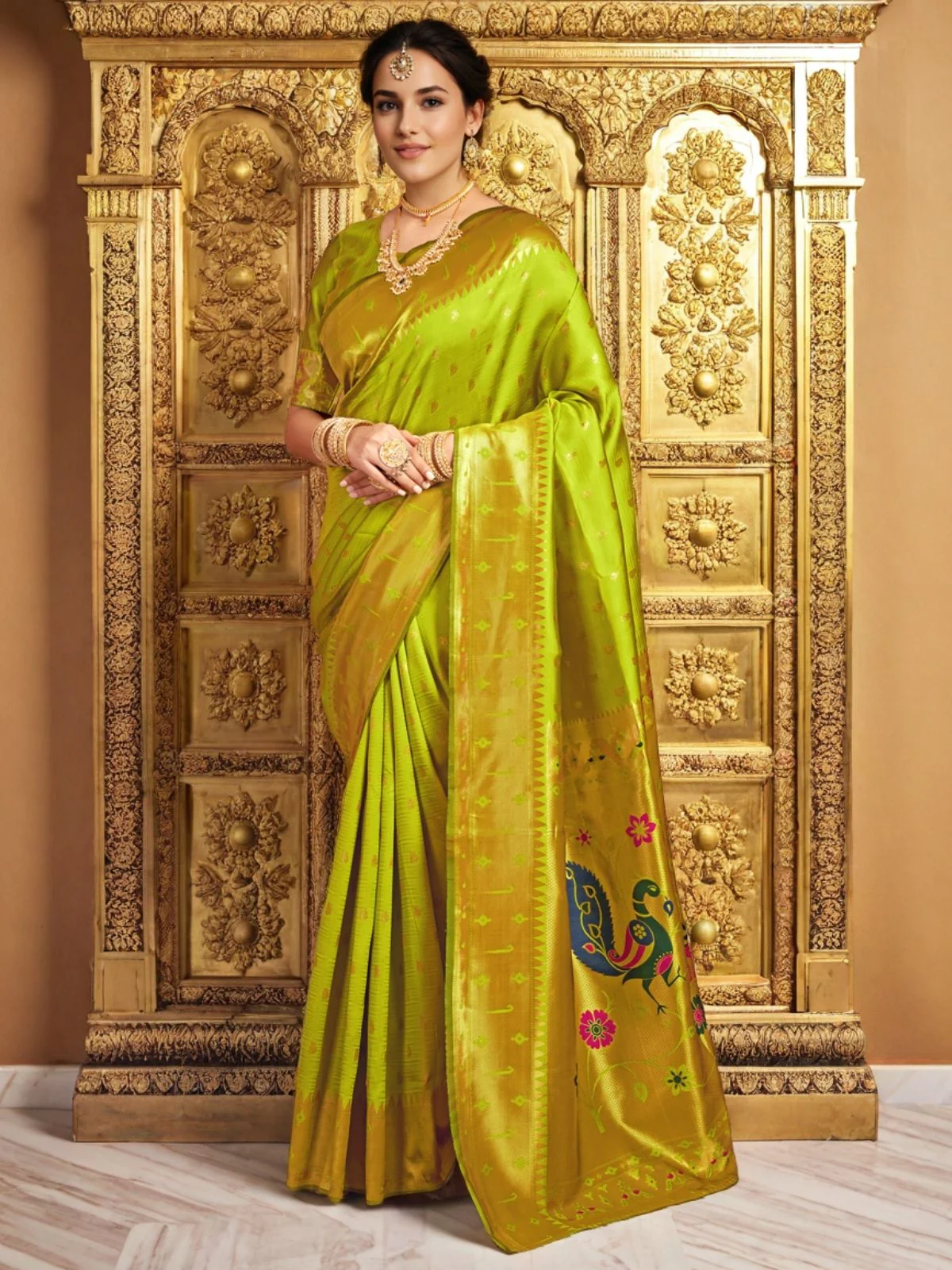Odette Lime Green Silk Blend Woven Pithani Saree For Women