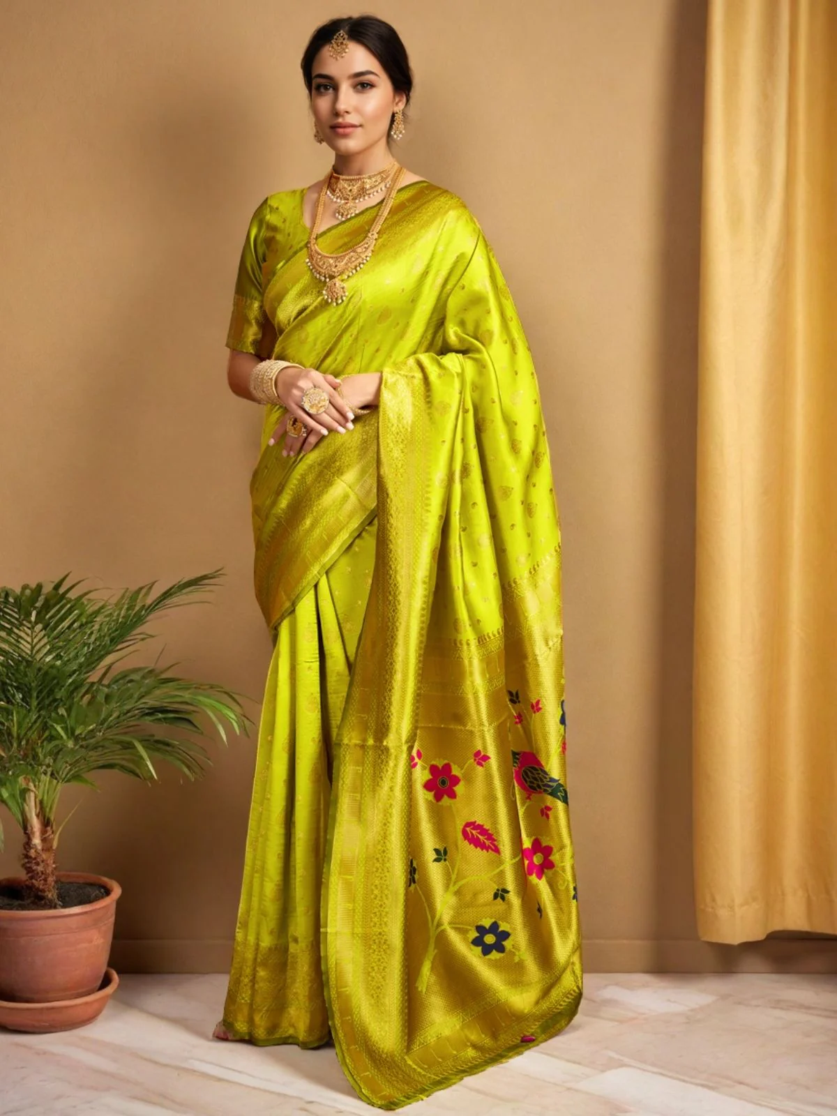 Odette Lime Green Silk Blend Woven Pithani Saree For Women