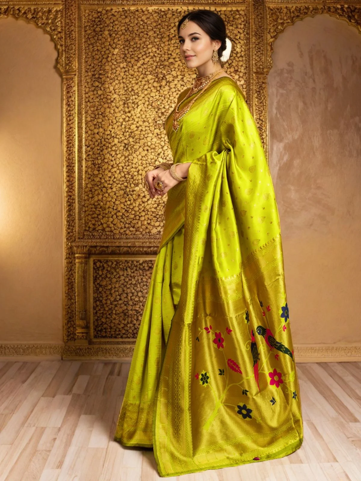 Odette Lime Green Silk Blend Woven Pithani Saree For Women - Image 2