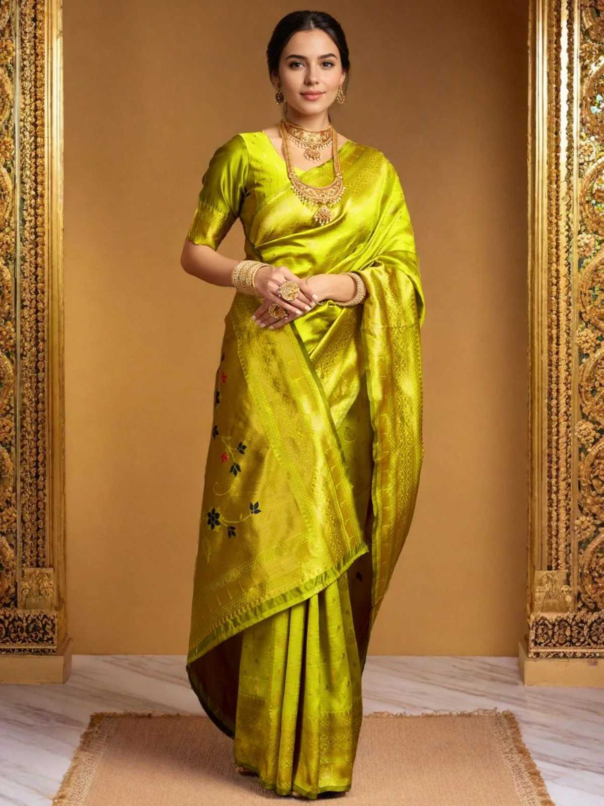 Odette Lime Green Silk Blend Woven Pithani Saree For Women - Image 3