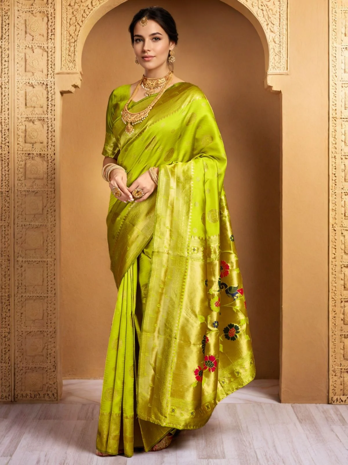Odette Lime Green Silk Blend Woven Pithani Saree For Women