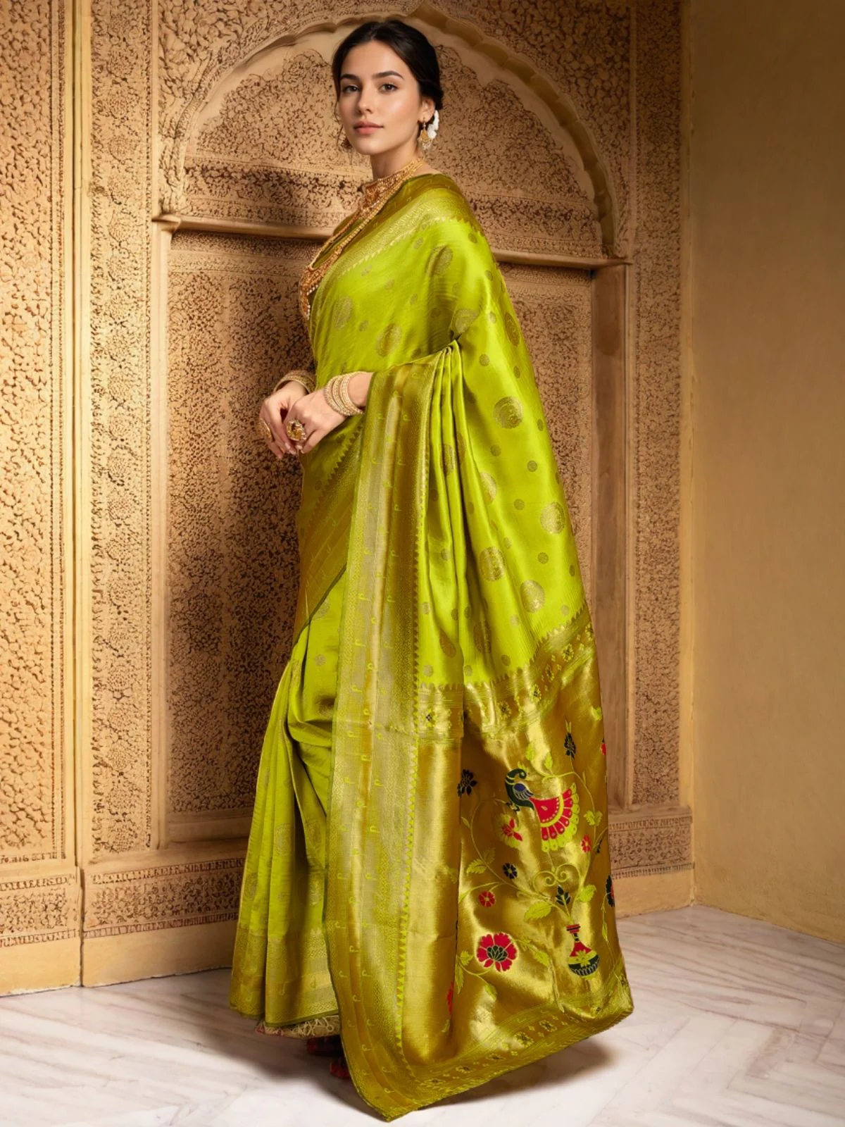 Odette Lime Green Silk Blend Woven Pithani Saree For Women - Image 2