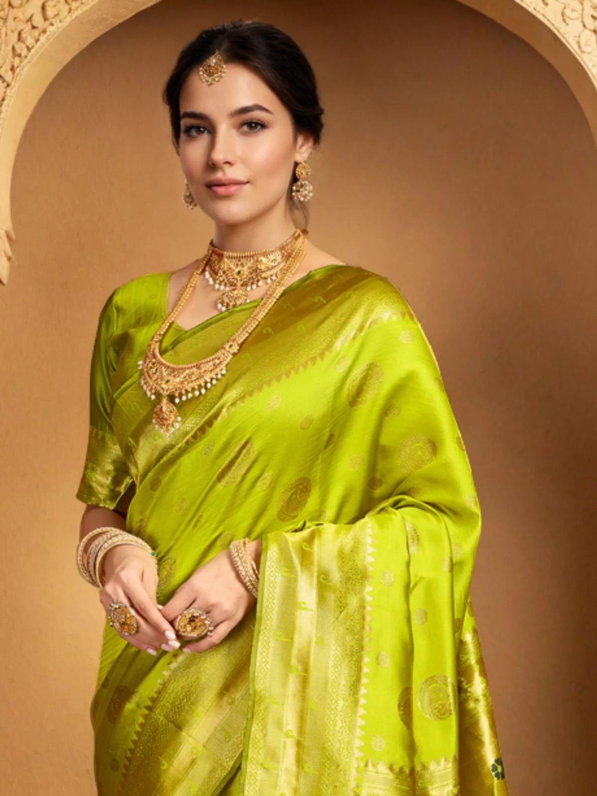 Odette Lime Green Silk Blend Woven Pithani Saree For Women - Image 5