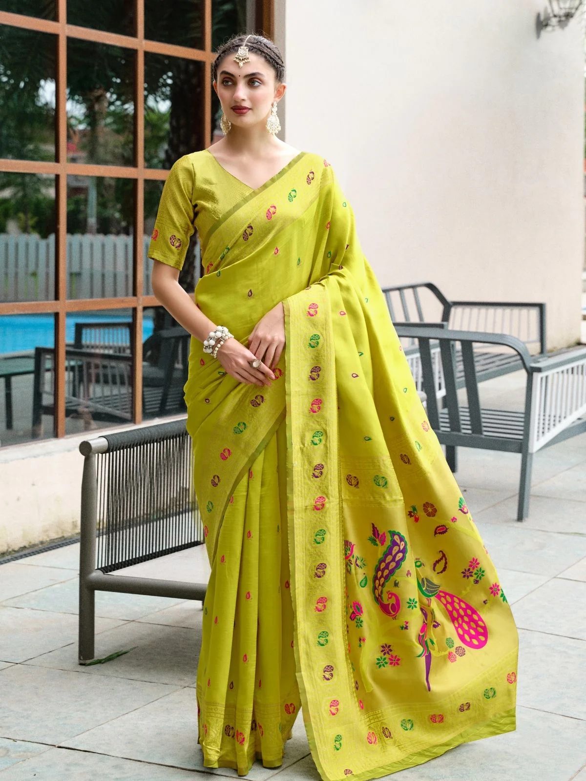 Odette Lime Green Silk Woven Paithani Saree For Women