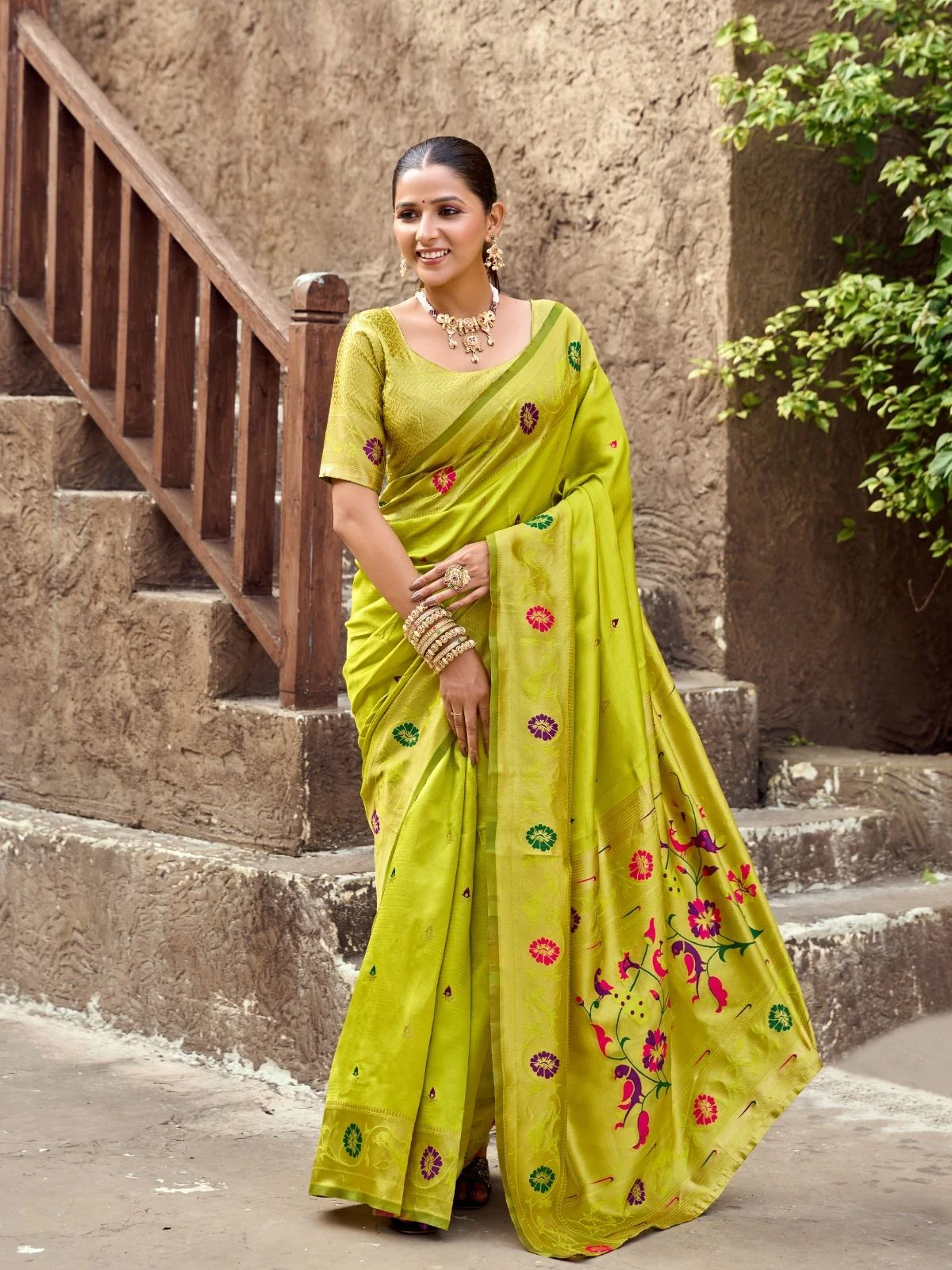 Odette Lime Green Silk Woven Paithani Saree For Women