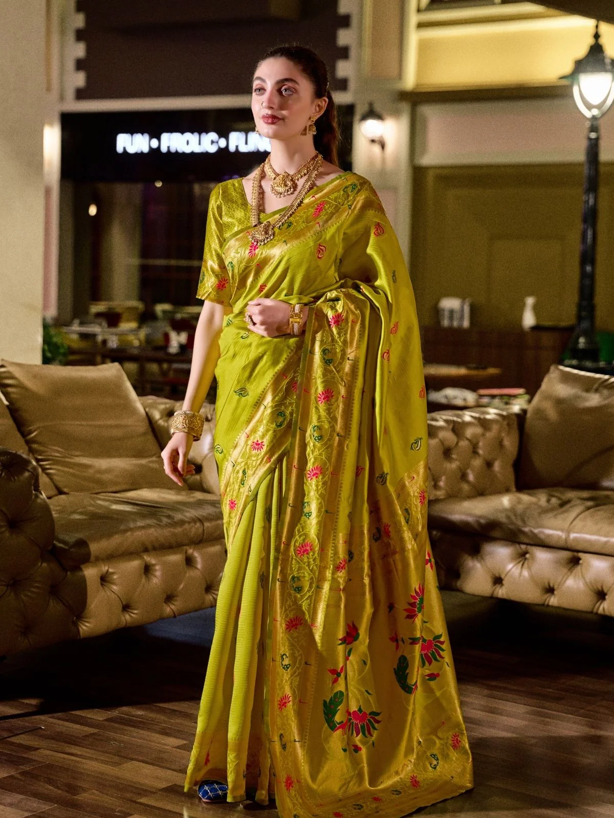 Odette Lime Green Silk Woven Paithani Saree For Women