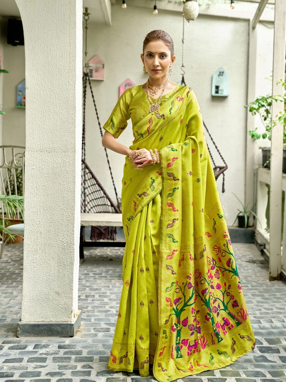 Odette Lime Green Silk Woven Paithani Saree For Women