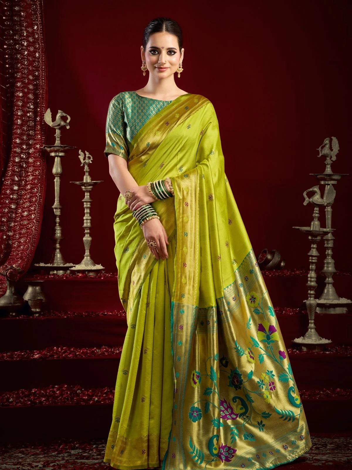 Odette Lime Green Silk Woven Paithani Saree For Women