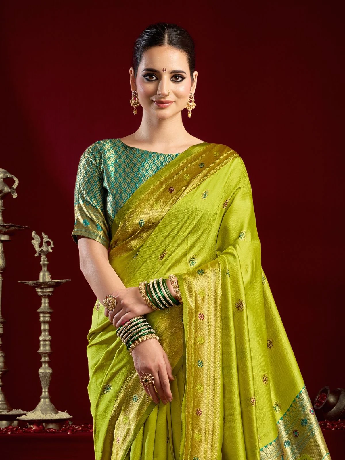 Odette Lime Green Silk Woven Paithani Saree For Women - Image 5