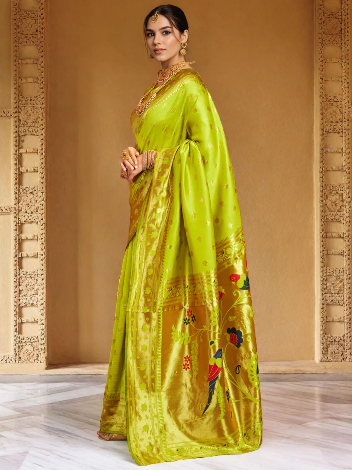 Odette Lime Green Silk Woven Saree For Women - Image 2