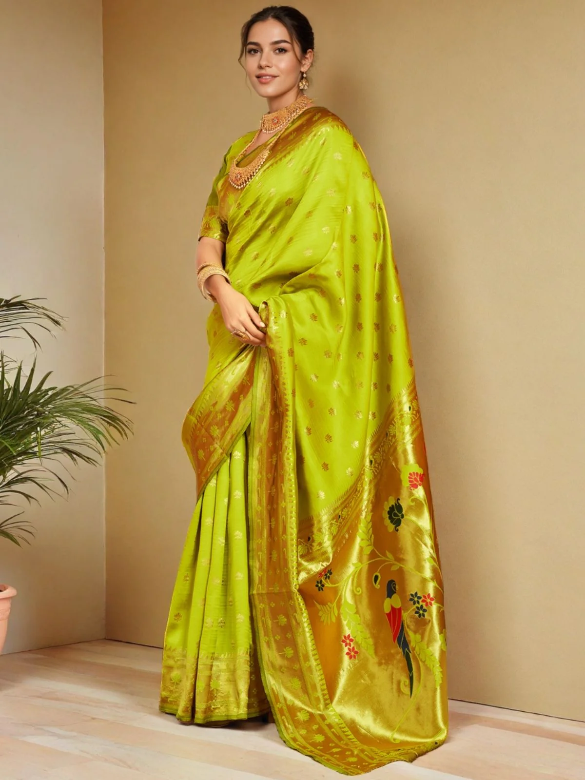 Odette Lime Green Silk Woven Saree For Women - Image 3