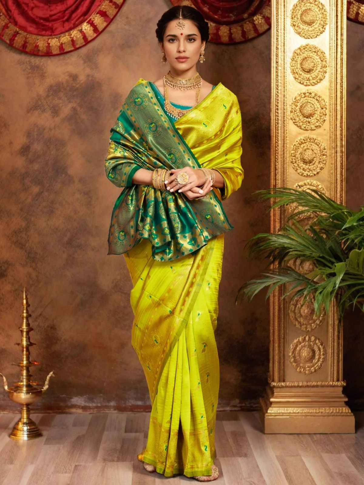 Odette Lime Green Silk Woven Saree For Women