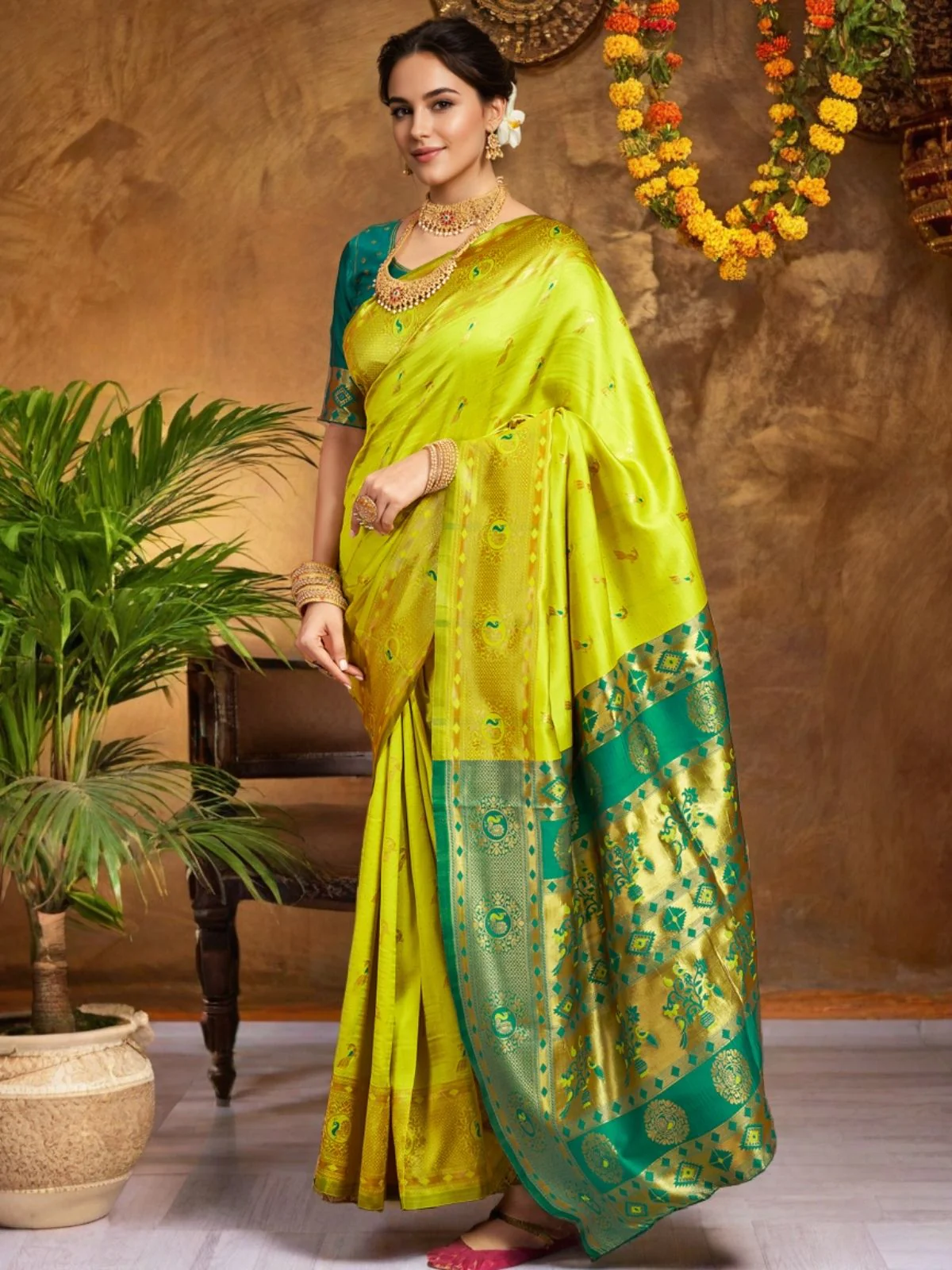 Odette Lime Green Silk Woven Saree For Women - Image 3