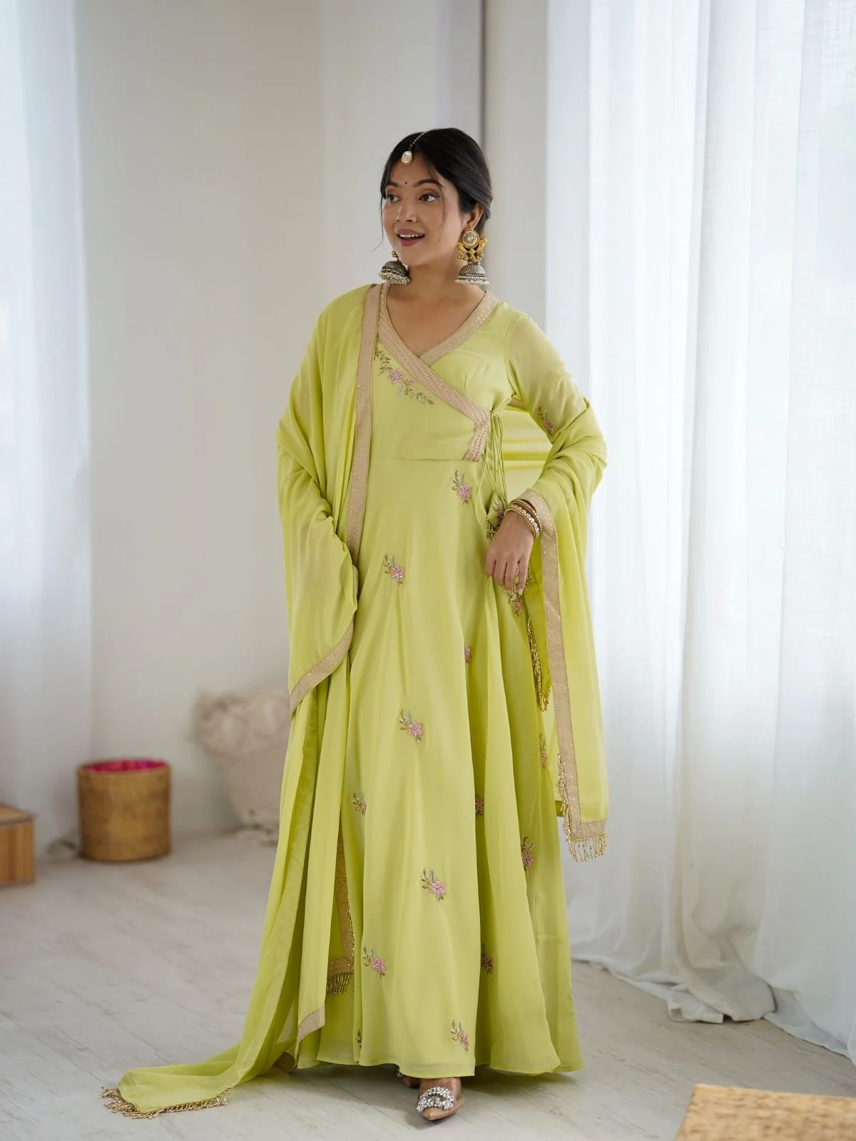 Odette Lime Green Stitched Gown With Dupatta For Women