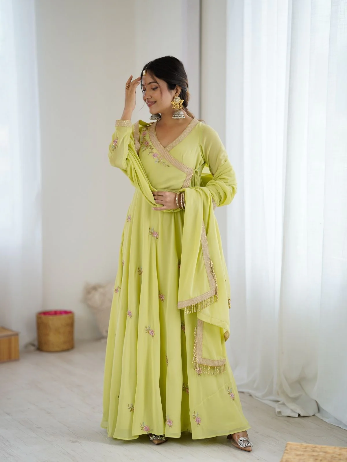 Odette Lime Green Stitched Gown With Dupatta For Women - Image 2