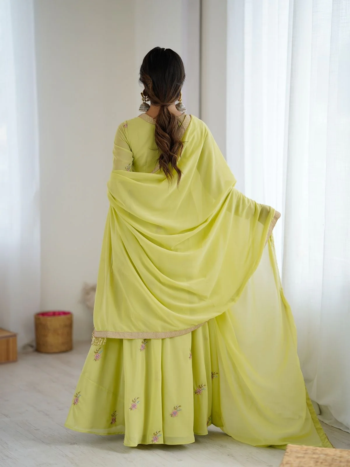 Odette Lime Green Stitched Gown With Dupatta For Women - Image 3