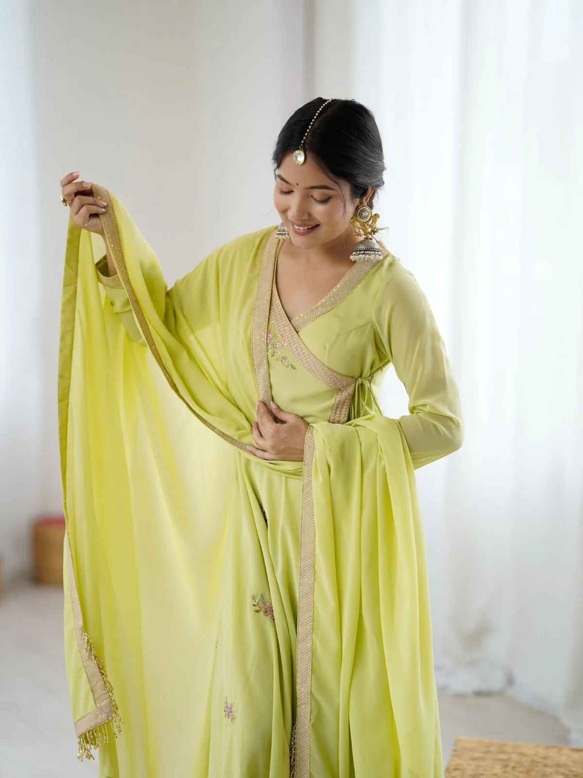 Odette Lime Green Stitched Gown With Dupatta For Women - Image 4