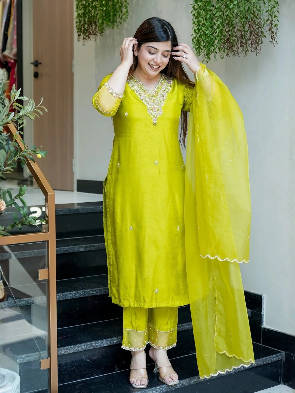 Odette Lime Green Viscose Chanderi Embriodered Stitched Kurta Set For Women - Image 2