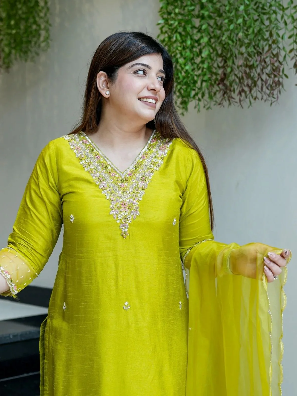 Odette Lime Green Viscose Chanderi Embriodered Stitched Kurta Set For Women - Image 3