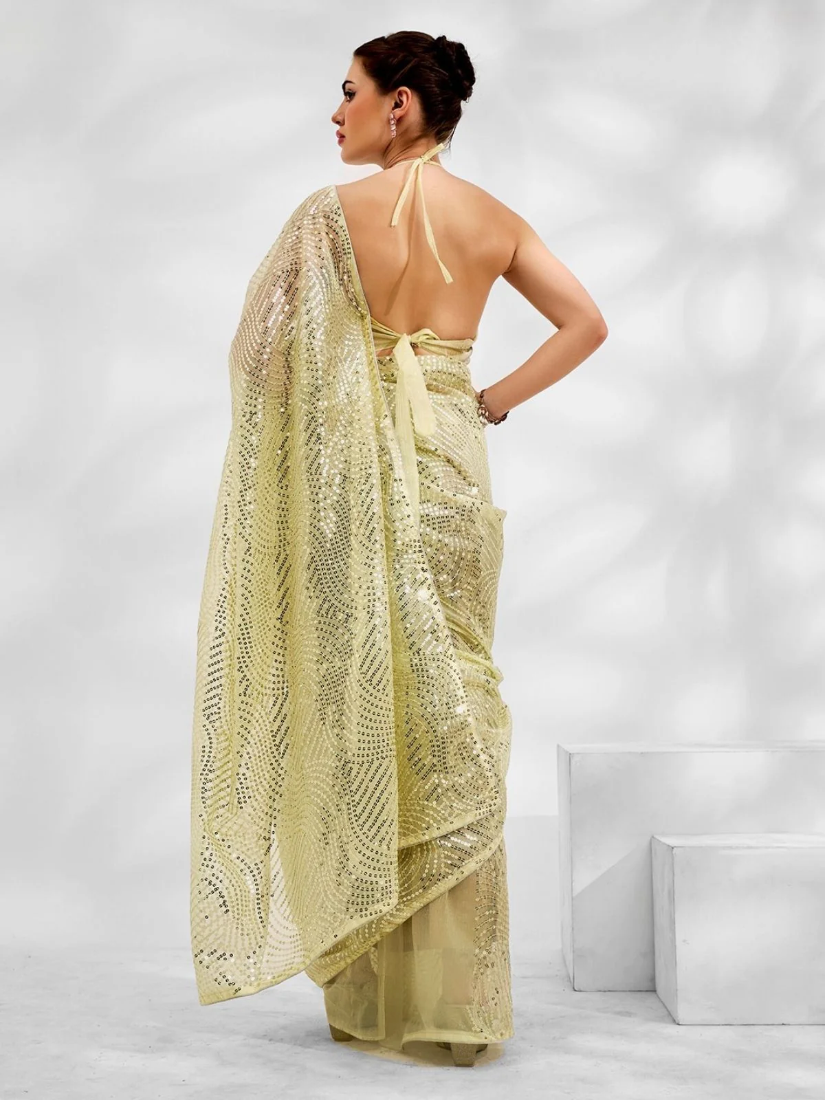 Odette Lime Net Organza Sequins Saree With Unstitched Blouse For Women - Image 2